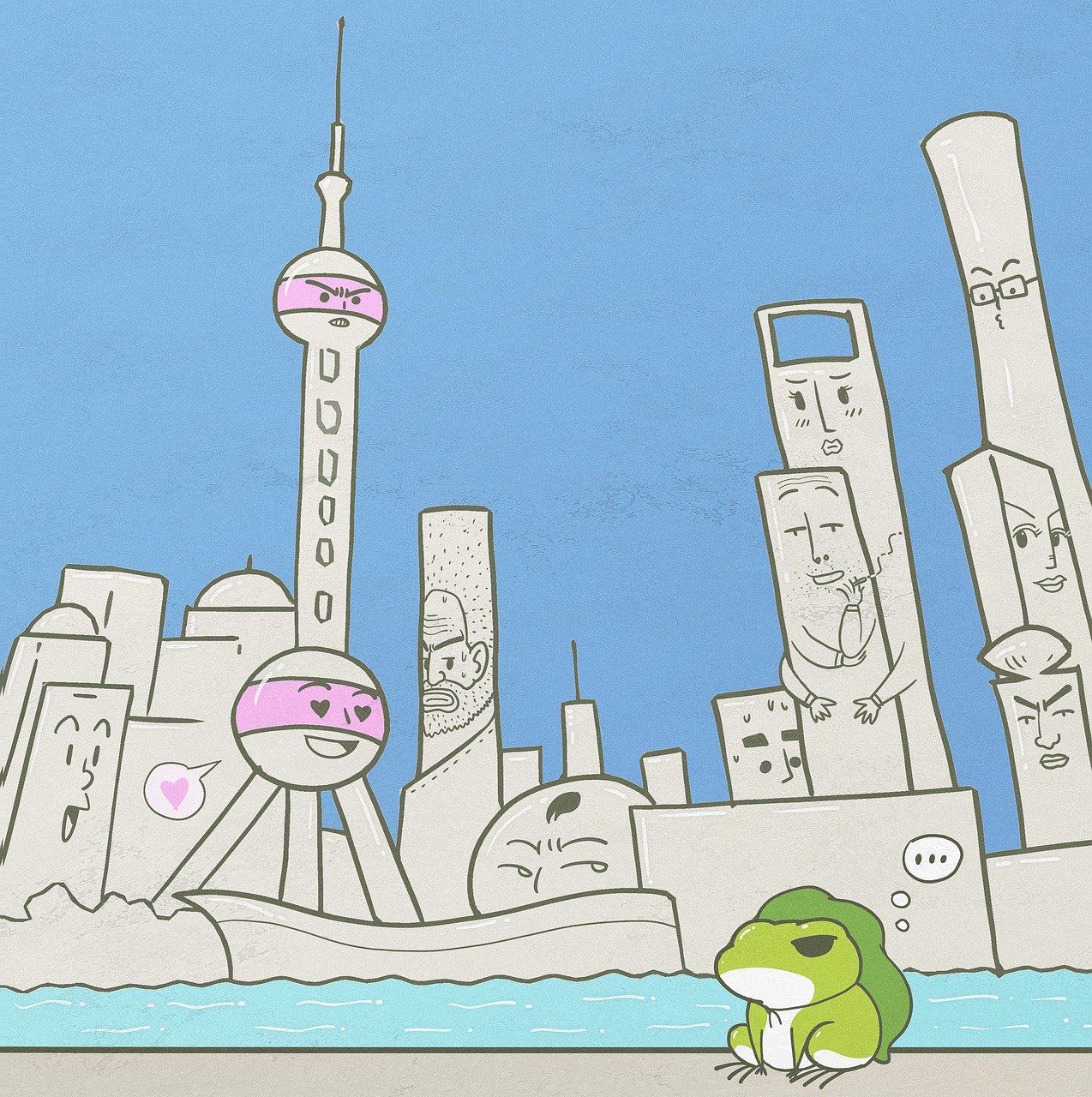 cartoon, shanghai, frog, travel, oriental pearl, blue cartoon, shanghai, shanghai, shanghai, shanghai, shanghai